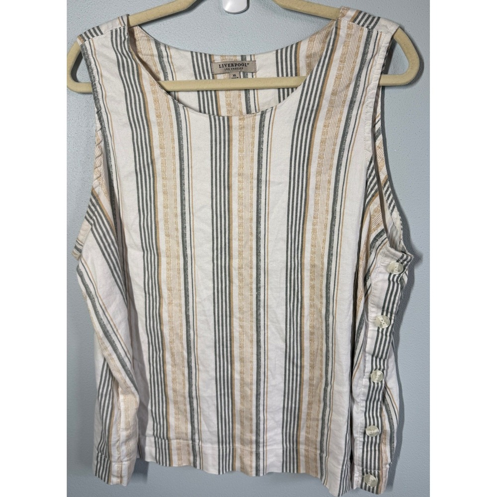 Liverpool Linen Blend Tank Top XL Striped Button Side Coastal Lagenlook Boho